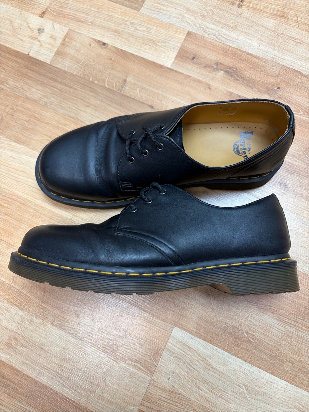 Doc Martens Black Leather Derby Shoes with Yellow Stitching - Men